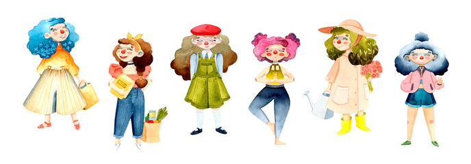 Character girls watercolor set isolated elements