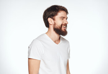 Obraz premium Man with beard fashionable hairstyle model cropped view of white t-shirt