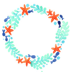 Starfish ,fish and seaweed with wreath copy space watercolor for decoration on summer holiday and ocean theme concept.