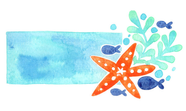 Starfish ,fish and seaweed with rectangel copy space watercolor for decoration on summer holiday and ocean theme concept.