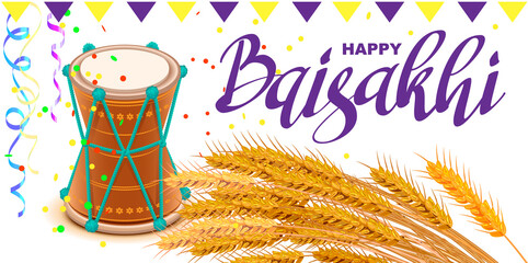 Happy Baisakhi text greeting card. Indian harvest festival drum and wheat rice