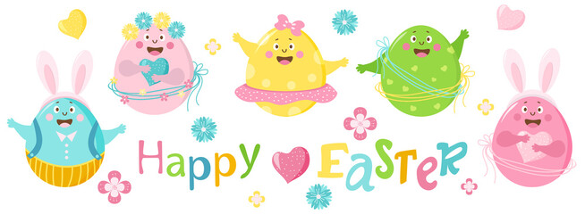 Happy easter. Set of colored cheerful cute Easter eggs with face, eyes and hands. The characters are a boy and a girl, in a skirt and trousers, with flowers and with hare ears. Vector illustration
