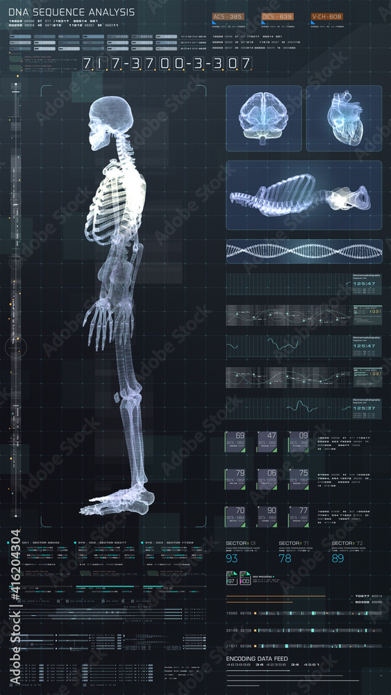 Poster vertical display format : futuristic virtual holographic head up display of biomedical human body sc