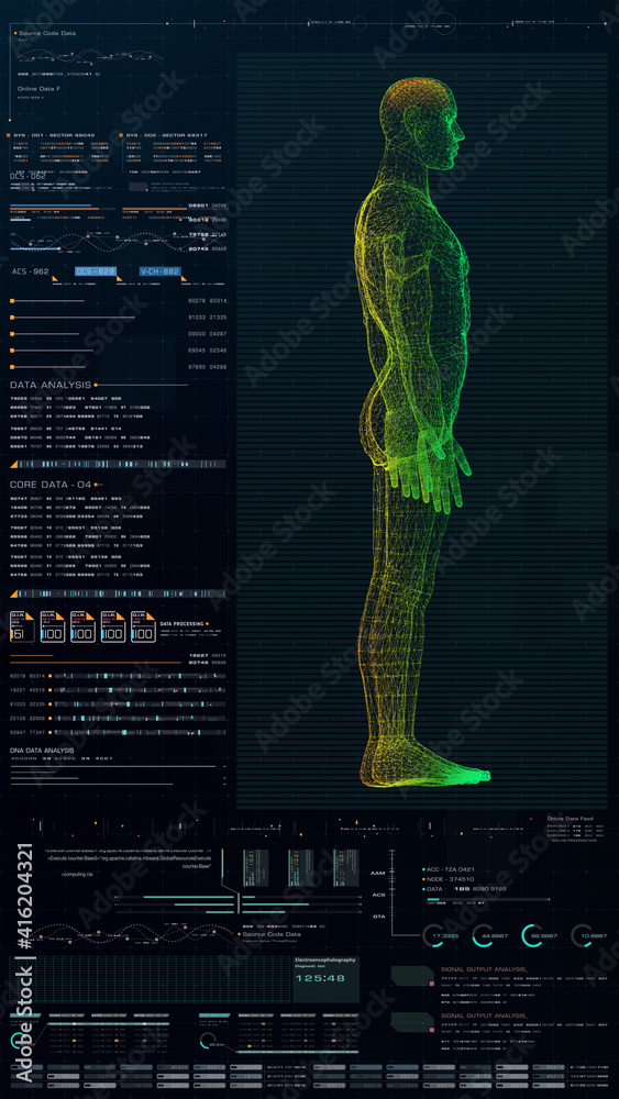 Poster Vertical display format : Futuristic virtual holographic head up display of biomedical human body scan, neurological examination, vertebral column and heart diagnostic for tablet display