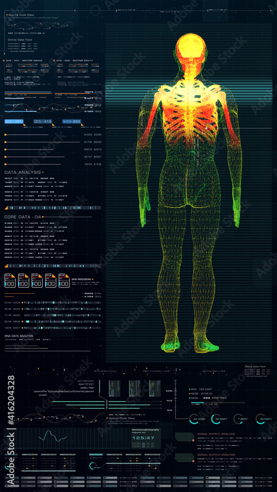 Poster Vertical display format : Futuristic virtual holographic head up display of biomedical human body scan, neurological examination, vertebral column and heart diagnostic for tablet display