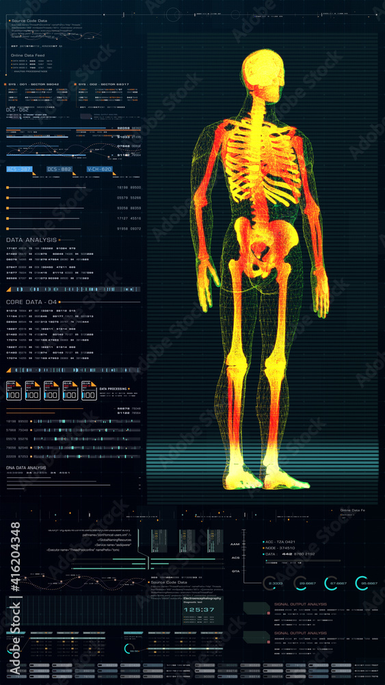 Poster Vertical display format : Futuristic virtual holographic head up display of biomedical human body scan, neurological examination, vertebral column and heart diagnostic for tablet display