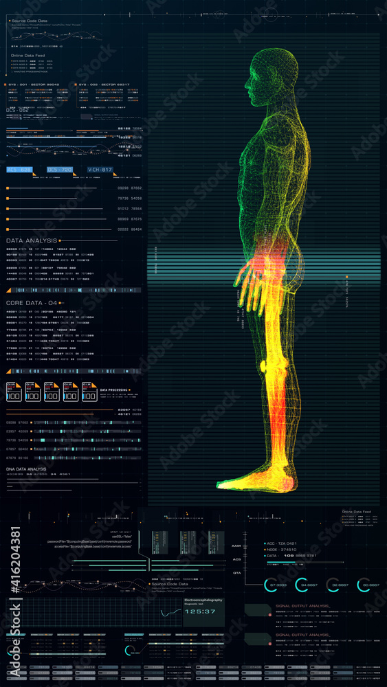 Poster Vertical display format : Futuristic virtual holographic head up display of biomedical human body scan, neurological examination, vertebral column and heart diagnostic for tablet display
