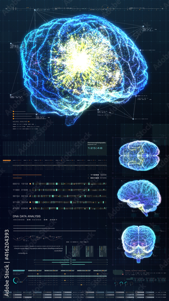 Poster Vertical display format : Futuristic virtual holographic head up display of biomedical human body scan, neurological examination, vertebral column and heart diagnostic for tablet display