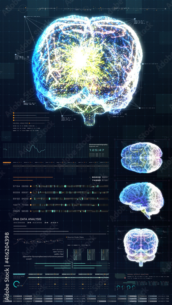 Poster vertical display format : futuristic virtual holographic head up display of biomedical human body sc