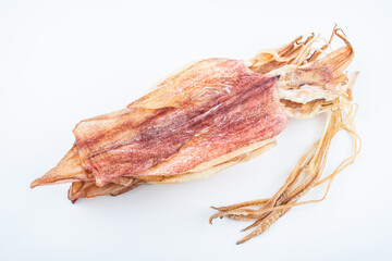 Light dried squid on white background