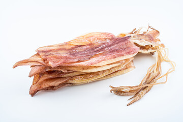 Light dried squid on white background