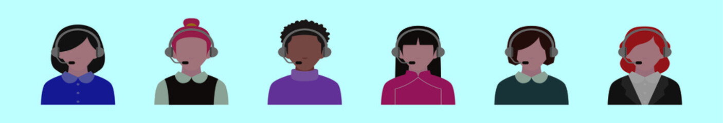 set of call center cartoon icon design template with various models. vector illustration isolated on blue background