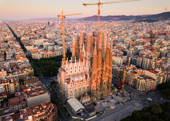 Aerial view of Sagrada Familia and Barcelona cityscape at early morning
