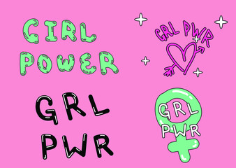 Girl power handwritten inscription in rounded font. Hand lettering of feminist slogan, phrase or quote. Modern vector illustration for t-shirt print, sticker or patch.