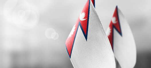 Small national flags of the Nepal on a light blurry background