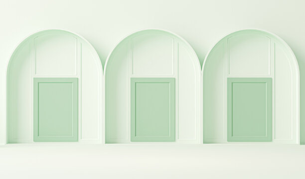 Doors and windows concept in plain monochrome pastel blue color. Light background with copy space. 3D rendering for web page, presentation or picture frame backgrounds, minimalist interior.
