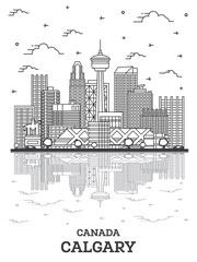 Naklejka premium Outline Calgary Canada City Skyline with Modern Buildings and Reflections Isolated on White.