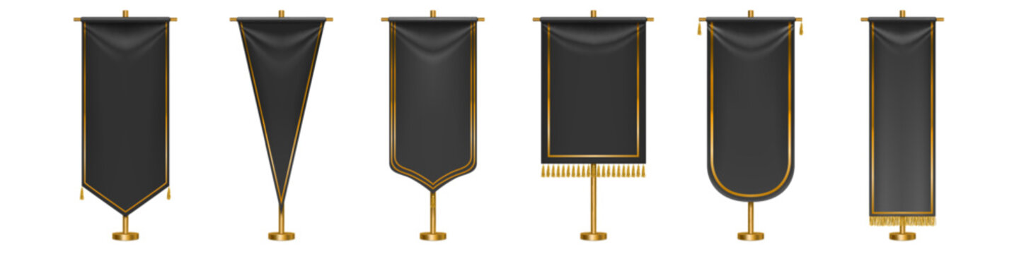 Black long pennant flags with golden tassel fringe and borders isolated on white background. Vector realistic template of blank textile pennons different shapes on gold pillars