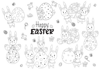Vector easter collection with cute Easter bunnies. A family of bunnies with a large Easter egg, kids - boy and girl, Easter decor and flowers, birds and insects. For decor, design, print and postcards