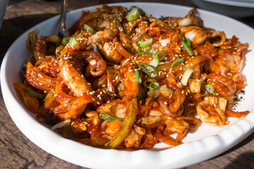 stir fried octopus or squid with Korean spicy paste.