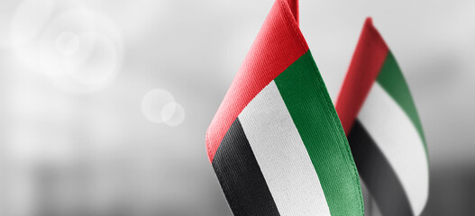 Small national flags of the United Arab Emirates on a light blurry background