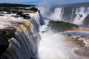 Panoramic view of the massive Iguazu Waterfalls system in Brazil