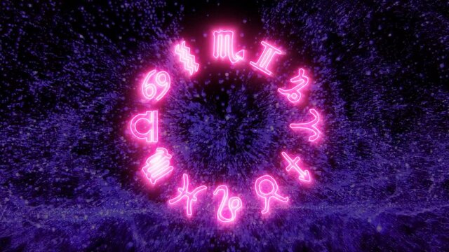 Zodiac sign slow rotate and abstract dark violet million particles pattern waveform oscillation fast move, visualization wave technology digital surface background