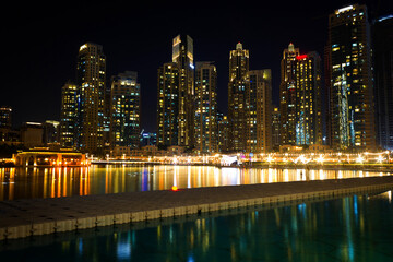 tall buildings on the Dubai Marina on the shore of the Persian Gulf