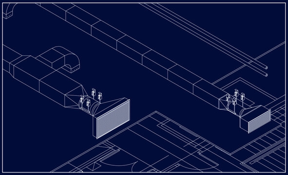 Architectural BIM ventilation ducts vector 3d illustration blueprint