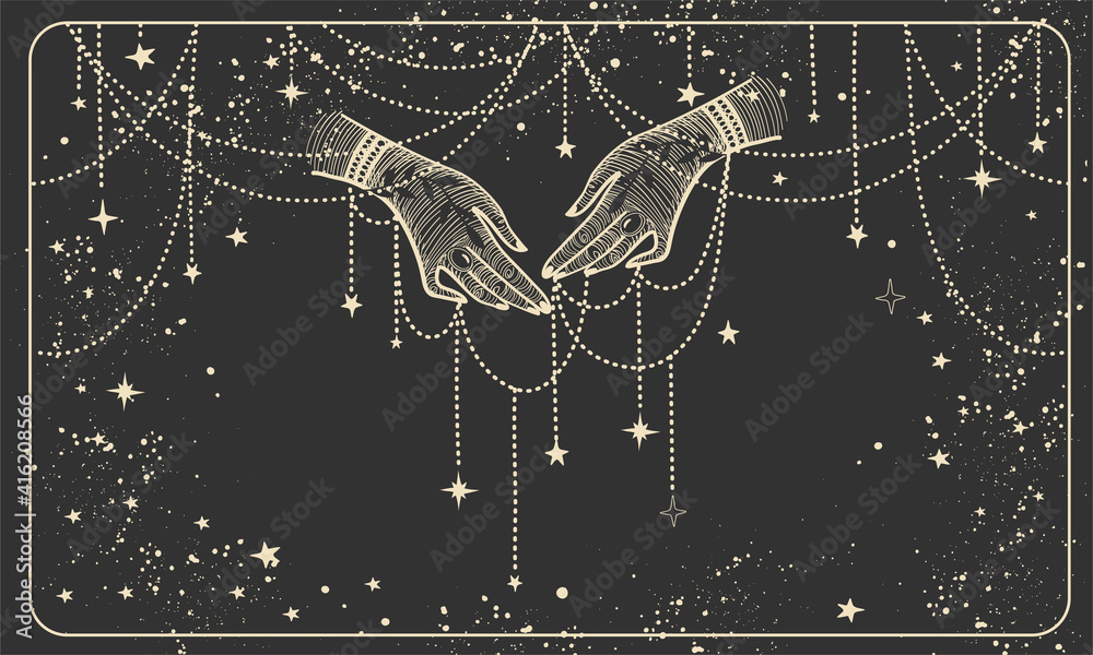 Wall mural two hands with precious threads on a black cosmic background. boho design for palmistry, fortune tel