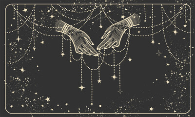 Two hands with precious threads on a black cosmic background. Boho design for palmistry, fortune teller divination, witch. Magic vector line illustration.