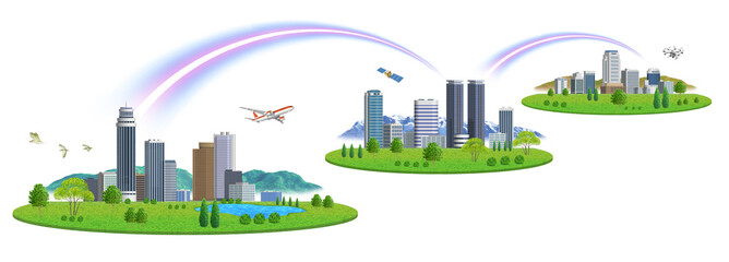 ネットワークで繋がった3都市の町並みイラスト　バリエーションあり　