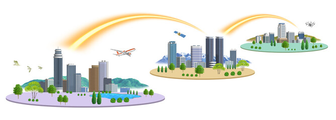 ネットワークで繋がった3都市の町並みイラスト　バリエーションあり　