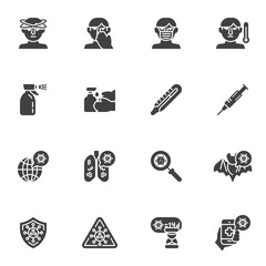 Coronavirus disease vector icons set, modern solid symbol collection, filled style pictogram pack. Signs, logo illustration. Set includes icons as coronavirus lung disease, face mask, headache, fever