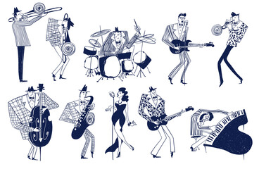 Set of funny jazz musician characters.
