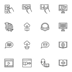 Online education line icons set, e-learning outline vector symbol collection, linear style pictogram pack. Signs, logo illustration. Set includes icons as audio book, mobile learning, video tutorials