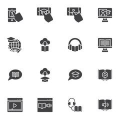 Online education vector icons set, e-learning modern solid symbol collection, filled style pictogram pack. Signs, logo illustration. Set includes icons as audio book, mobile learning, video tutorials