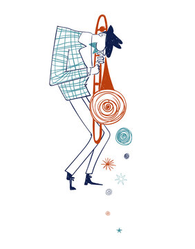 jazz musician playing trombone, blue plaid suit clip art preview