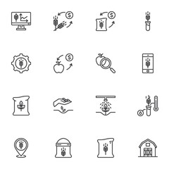 Fototapeta premium Farm agriculture business line icons set, outline vector symbol collection, linear style pictogram pack. Signs, logo illustration. Set includes icons as wheat price, harvest statistics, seed bag