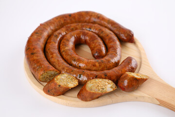 Local Northern Thai food , Northern Thai spicy sausage street food isolated in white background