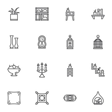 Furniture and home decor line icons set, outline vector symbol collection, linear style pictogram pack. Signs logo illustration. Set includes icons as bookshelf, houseplant, cushion pillow, nightstand