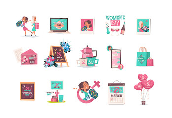 set womens day 8 march holiday celebration banners flyers or greeting cards collection horizontal vector illustration