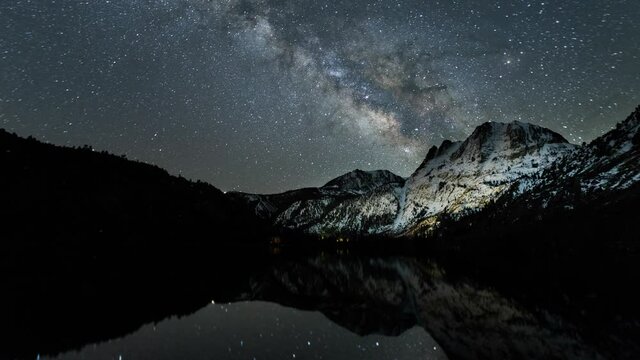 Amazing time-lapse of the night sky with the stars being reflected in a lake.