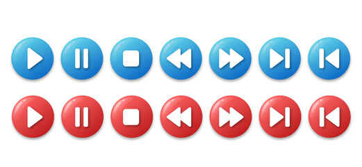 Round music control buttons set. Circle buttons with shadow isolated on white. 