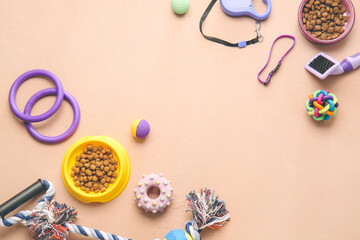 Different pet care accessories on color background