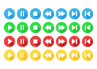 Round music control buttons set. Circle colorful flat buttons  isolated on white. 