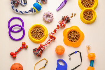 Bowls with pet food and accessories on light background