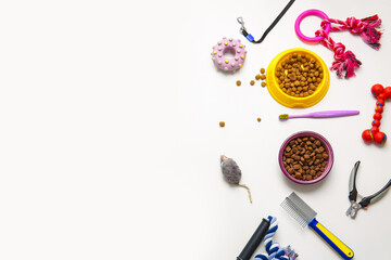 Different pet care accessories on white background