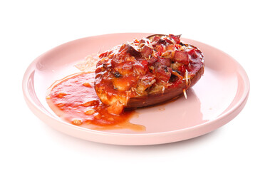 Plate of tasty baked vegetables on white background