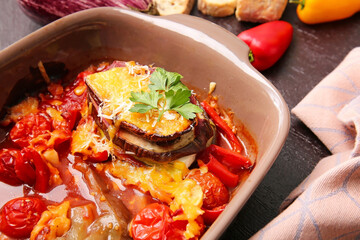 Dish of tasty baked vegetables, closeup